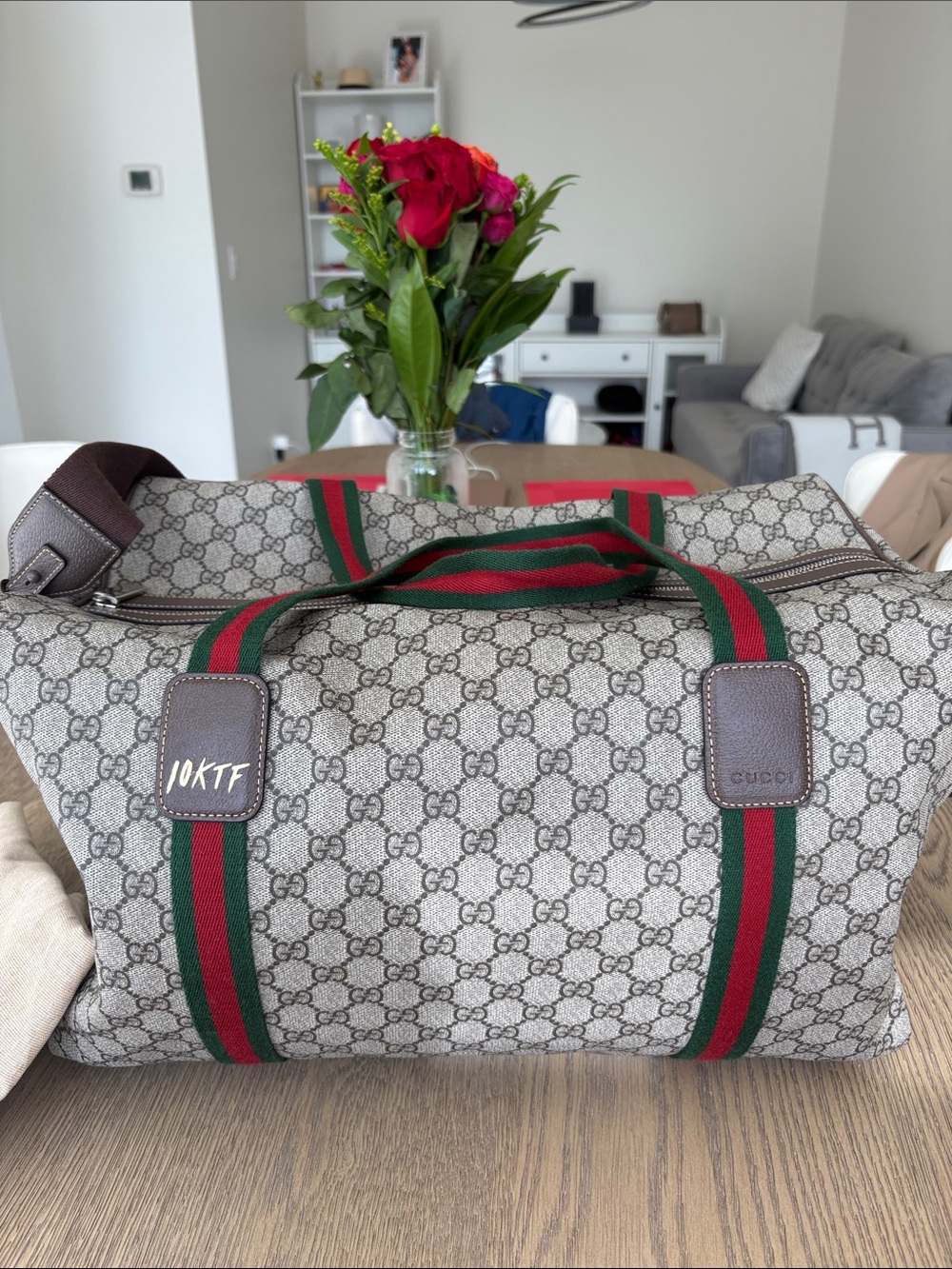 Gucci Beige GG Supreme Canvas Duffel with Green and Red Web Straps